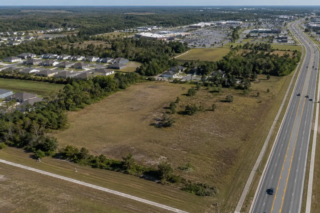 Aerial view of a commercial land site beside a major highway