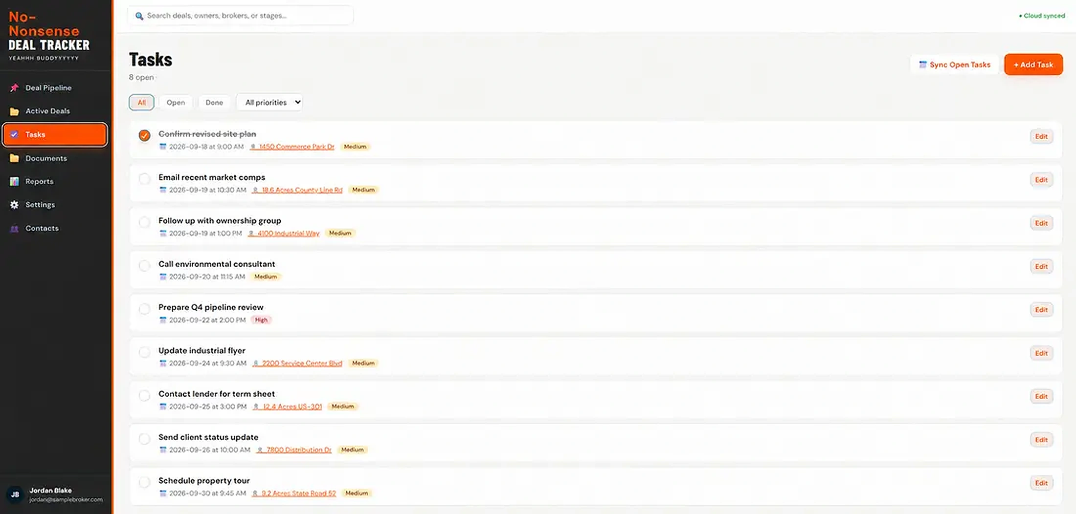 Desktop broker task list in No-Nonsense Deal Tracker
