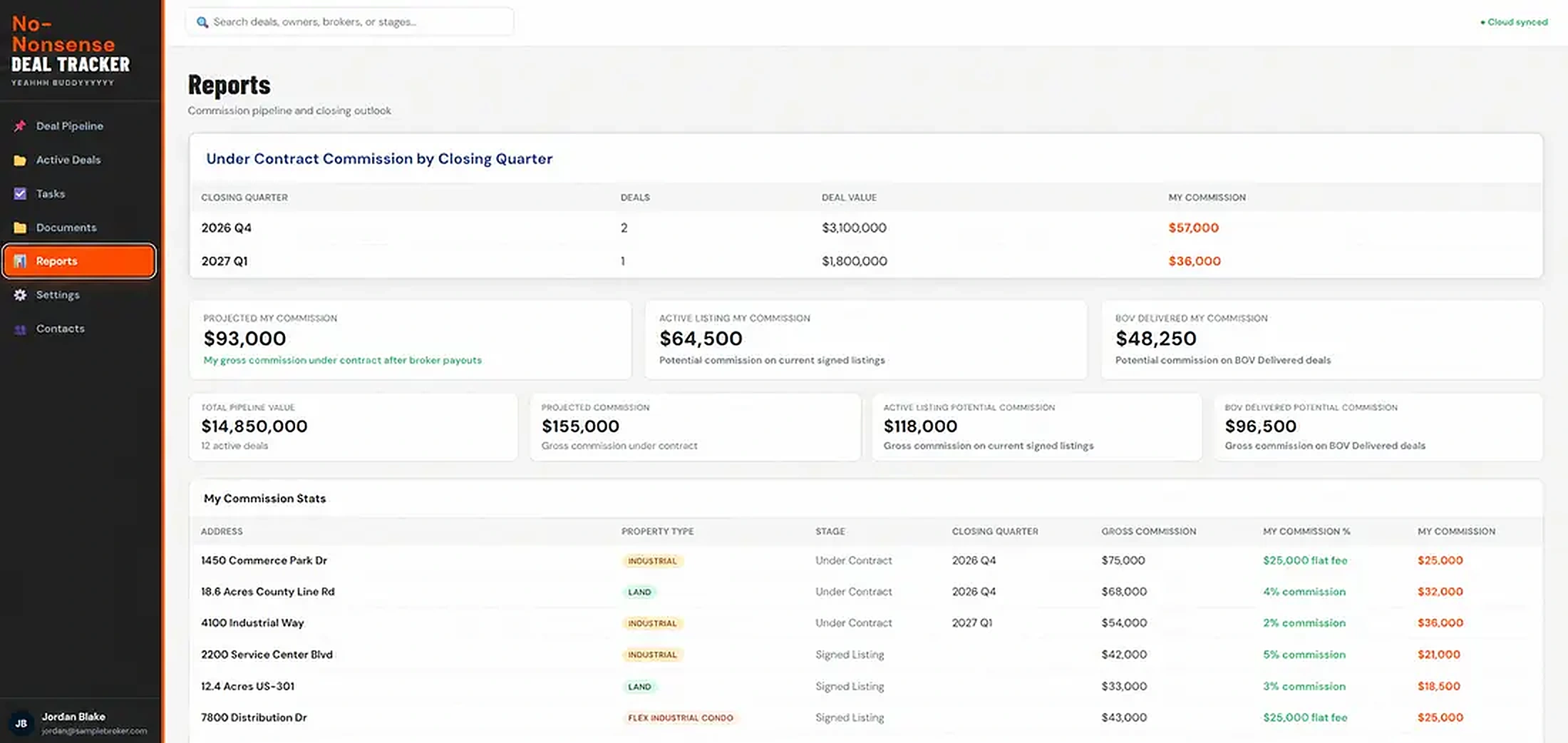 Desktop commission and closing report in No-Nonsense Deal Tracker