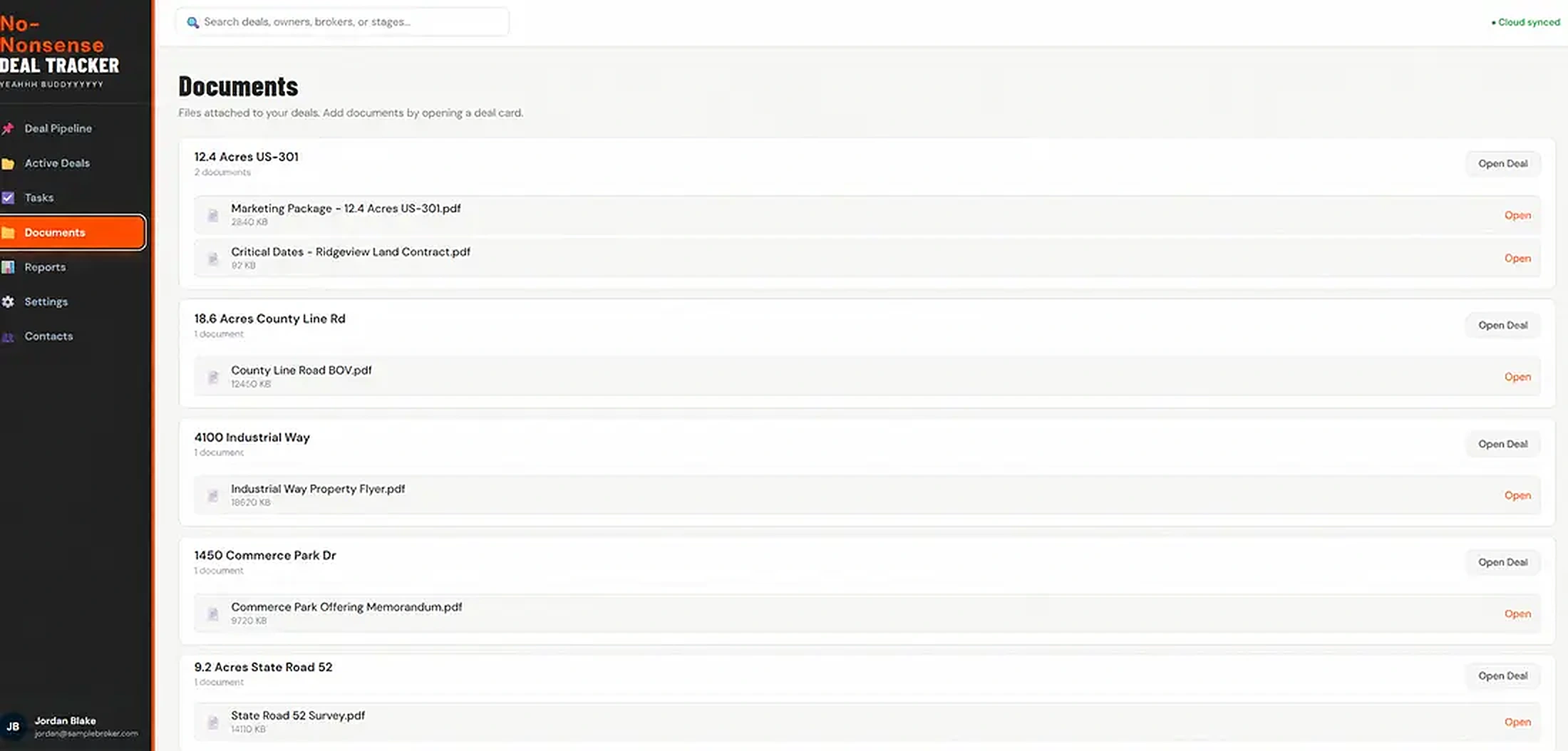 Document list with fictional deal files organized by property